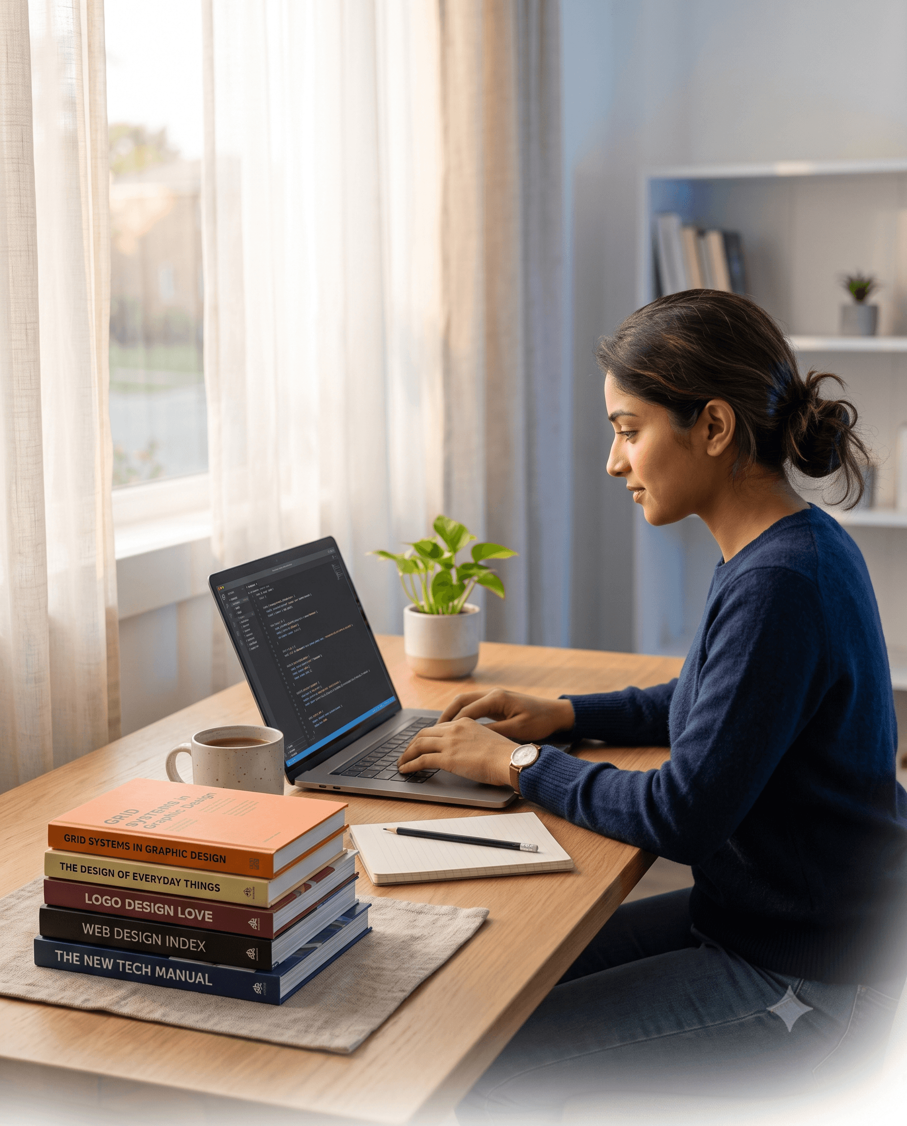 Workspace with laptop, notebook and books